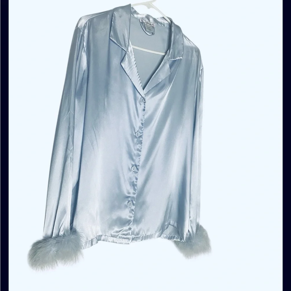 Luxury Linea Donatella Marabou Feather Trim Silver blue Pajama Set XL (NWOT)